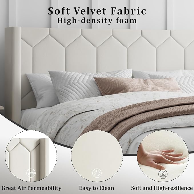 Queen Size Bed Frame with Headboard, Velvet Upholstered Platform Bed Frame No Box Spring Needed, Queen Sized Modern Bedframe with Strong Wooden Slats, Beige