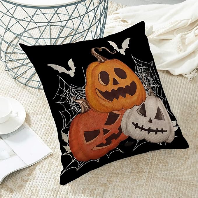Halloween Pillow Covers 16 x 16 Inch Pack of 2, Black Pumpkin Bat Spider Web Decorative Throw Pillow Covers Vintage Linen Farmhouse Outdoor Halloween Pillowcase for Bedroom Home Sofa Decor