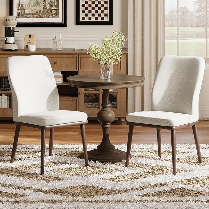 Modern Dining Chairs Set of 4, Upholstered Kitchen Chairs with High Back, Padded Fabric Dining Room Chair with Solid Wood Legs for Restaurant/Cafe/Home, Beige