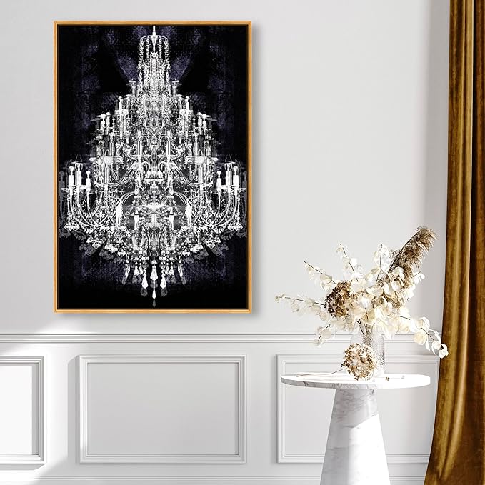 The Oliver Gal Artist Co. Fashion and Glam Framed Wall Art Canvas Prints 'Montecarlo Crystal' Chandeliers Home Décor, 30" x 45", White, Black