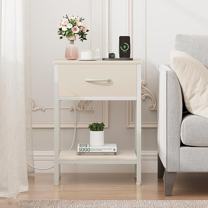 Vagusicc Nightstand Set of 2 with Charging Station, Bed Side Table with Fabric Drawer, Small End Table with 2-Tier Storage Shelves, 25.4" Tall Night Stand Bedside Table for Bedroom Living Room, Beige