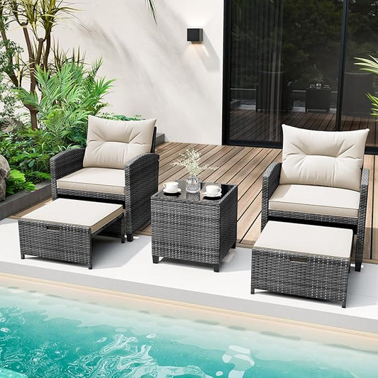 Tangkula 5 Pieces Patio Conversation Set, PE Wicker Rattan Outdoor Furniture Set with 2 Chairs, 2 Ottomans & Tempered Glass Coffee Table, Ideal for Poolside, Backyard, Lawn, Deck, Mix Grey & Off White