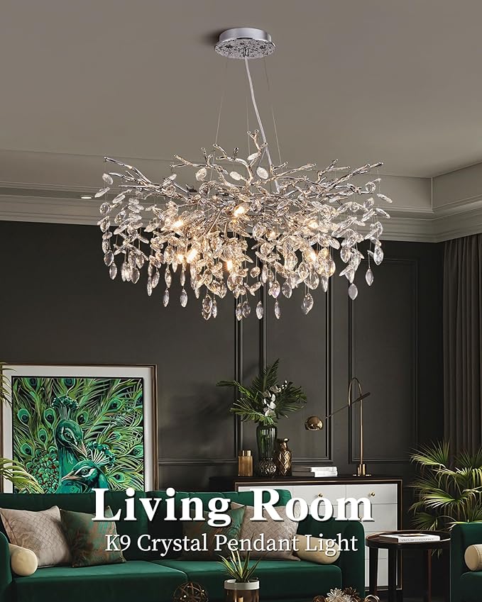 Modern Tree Branch Crystal Chandelier Luxury Silver Crystal Pendant Lighting 30" Contemporary 10-Light Chandeliers for Dining Room Kitchen Bedroom Living Room