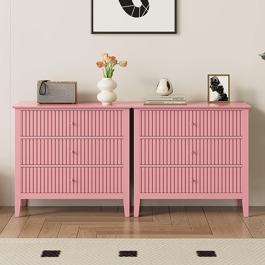 Pink 3 Drawer Dresser Set of 2, Painted 30 Inch Tall Wood Nightstand with Storage, Wide Modern Chest of Drawers with Ball Bearing Slide for Bedroom Hallway Living Room Entryway Office