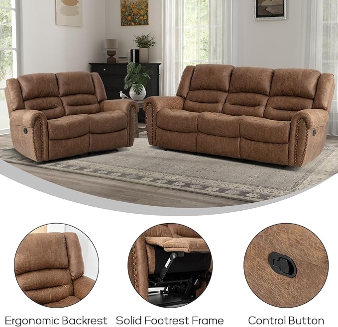 EBELLO Manual Recliner Sofa Set, Faux Leather Reclining Living Room Set, Included Loveseat Manual Recliner Sofa and 3 Seat Sofa, Brown(Loveseat+Sofa)