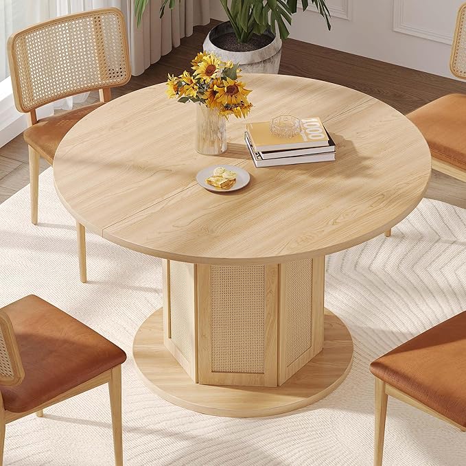 YITAHOME Round Dining Table for 4-6 People Circle Dining Table with Wooden Rattan Base Modern Farmhouse Kitchen Table Round for Dining Room Kitchen Apartment, Natural Oak