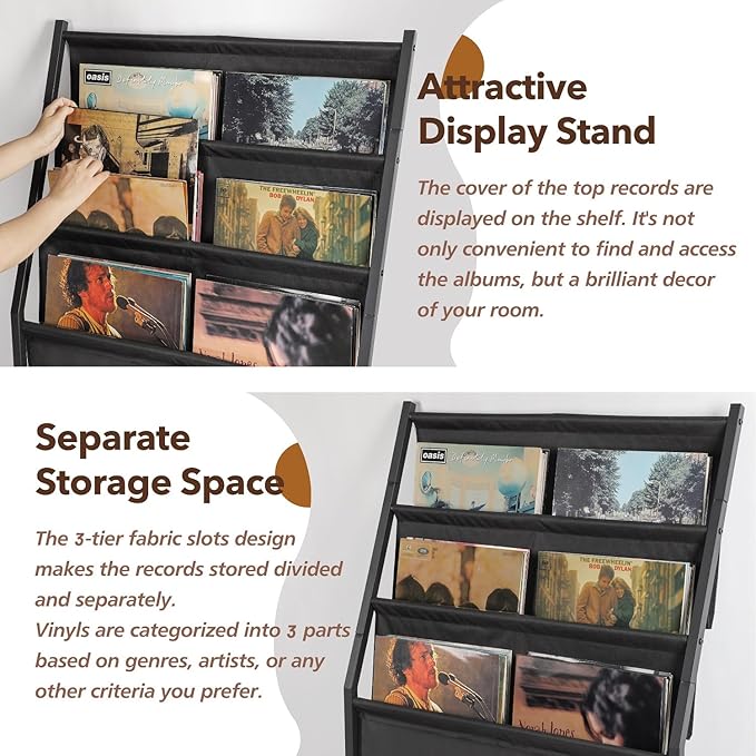 Keebofly Vinyl Record Storage, Record Holder Up to 200 Albums, Record Stand with 3 Tier Holder Display Shelf, Movable Vinyl Storage Organizer Rack, Record Cabinet for Book Magazine Turntable
