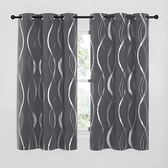NICETOWN Bedroom Small Blackout Curtain Panels, Window Treatment Thermal Insulated Solid Grommet Blackout Wave Line Foil Print Design Curtains for Kitchen, Cafe, Loft (Set of 2, 34 by 63 Inch,Grey)