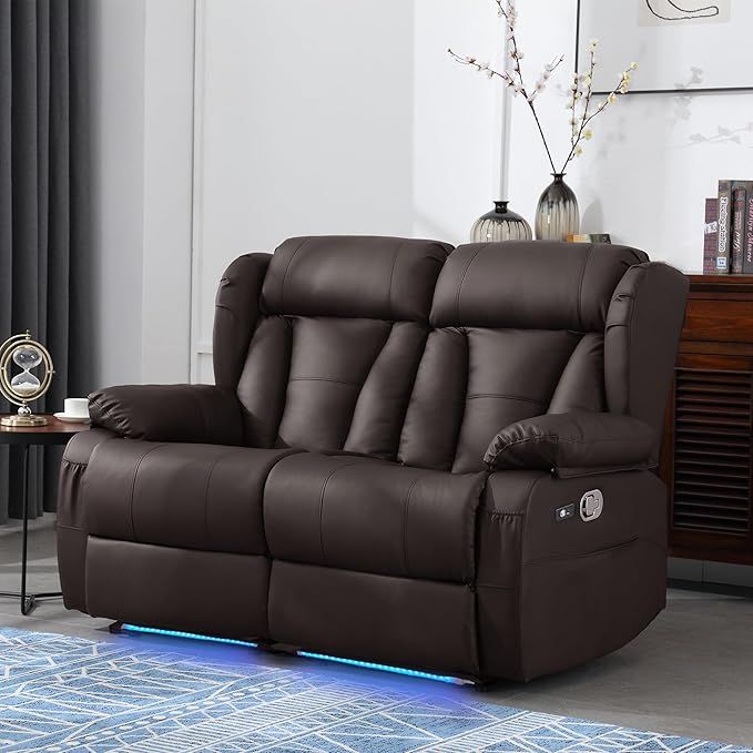 59" Loveseat Recliner Sofa, Manual Reclining Double Loveseat with USB-A & USB-C Ports/LED Lights, RV Couch for Living Room & Home Theater with Cup Holders/Side Pockets (Brown with LED)
