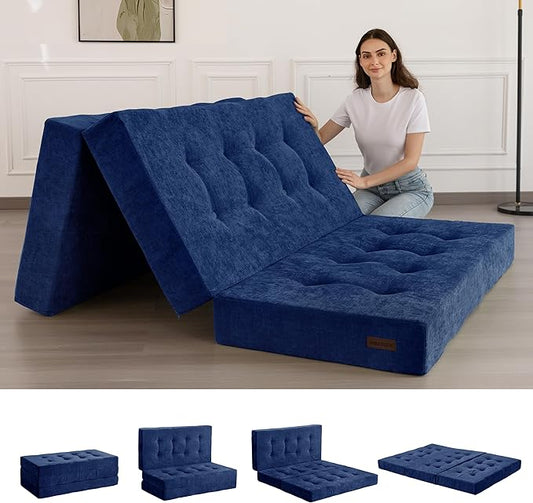 MAXYOYO Tri-Fold Mattress, 6 Inch Tufted Folding Mattress with Chenille Fabric, Portable Queen Size Floor Guest Mat for Adults, Foldable Topper for Camping, Navy