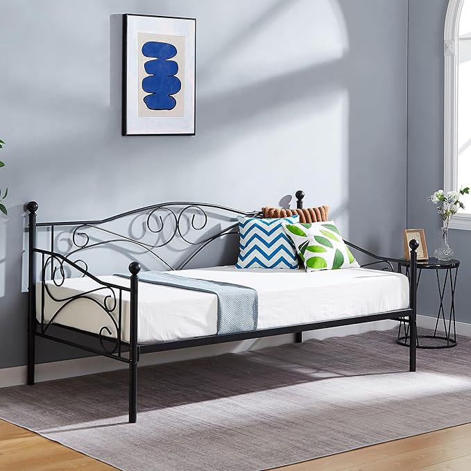 VECELO Daybed Frame, Twin Size Metal Platform Bed with Headboard,Heavy Duty Steel Slats Support for Living Room Bedroom Guest Room, Easy Assembly