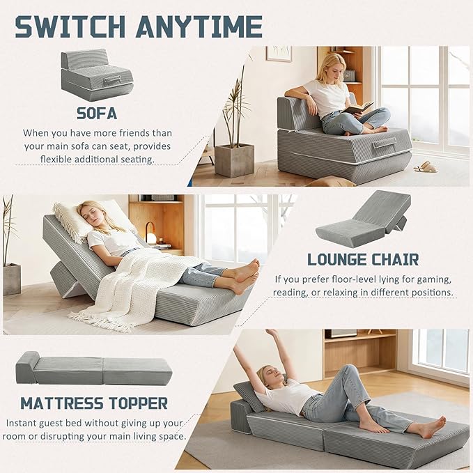 Trenda Folding Sofa Bed, 16lbs Convertible Sleeper Chair with Removable Back Pillow & Handle, Washable Cover Solid Foam Fold Out Chair Bed for Living Room, Apartment, Guest, Single, Light Grey