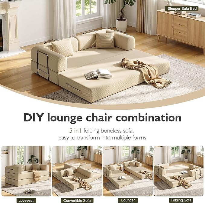 79in Convertible Sofa Bed, Corduroy Boneless Couch Bed, Futon Sleeper Sofa Pull Out Bed, Foldable Couch for Living Room Apartment, No Assembly Required