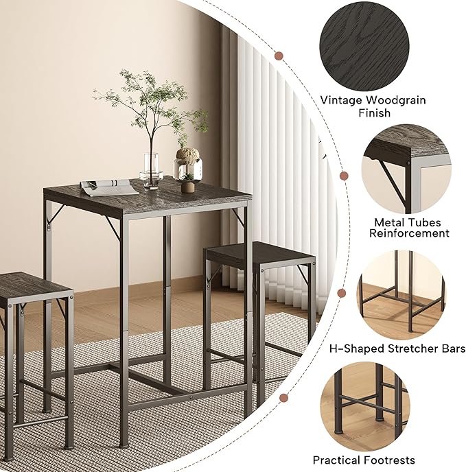 Homeiju Bar Table and Chairs Set, Square Bar Table with 2 Stools, Space-Saving Dining Pub Set for 2, Perfect for Kitchen, Breakfast Nook, Living Room & Small Spaces
