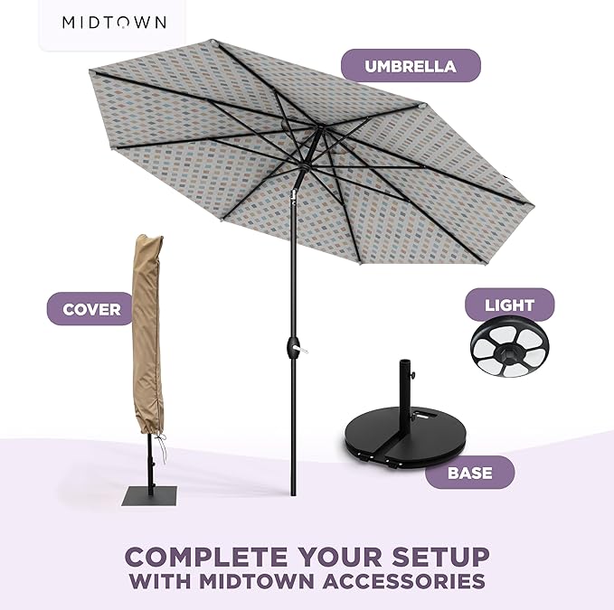 Midtown Umbrellas - The Lean 9 Ft Patio Umbrella with Fade-Resistant Sunbrella Fabric, Auto-Tilt Aluminum Frame and 8 Reinforced Ribs for Deck, Pool & Garden - Infused Gem Canopy, Black Pole