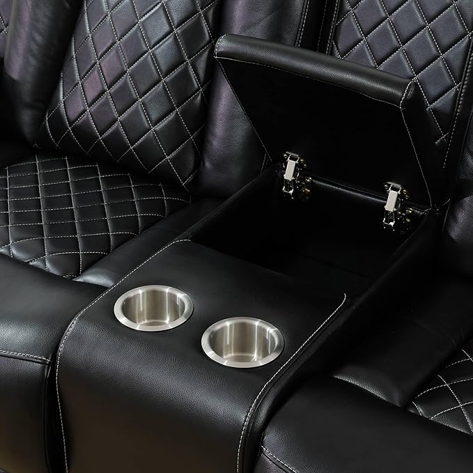 Breathing Leather Power Reclining Loveseat, Living Room Furniture with 2 Recliners, 2-Seater Leather Couch with Storage Console/Cup Holders for Home/Office (Black, Loveseat)