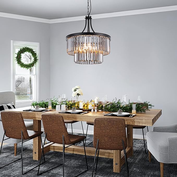 Wellmet Black Crystal Chandeliers, 5 Light Farmhouse Chandeliers for Dining Room, Hanging Light Fixture with Grey Crystal, 2 Tiers Ceiling Lights for Living Room, Kitchen, Bedroom, Entryway, 19.68''D