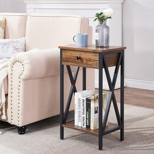 VECELO Tall Nightstand End Side Tables,27.6 Inch Night Stands with X-Side Frame and Drawer for Living Room Bedroom,Small Spaces, Brown (Set of 2)