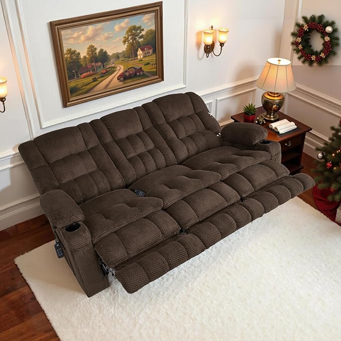MCombo 80.7" W 3 Seater Power Reclining Sofa with Heat and Vibration Massage, Zero Gravity Recliner Sofa Couch for Living Room, Fabric 6316M3 (Brown, 3-Seater)