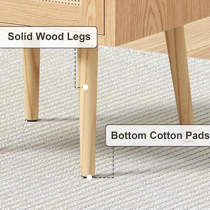Night Stand Set 2, Nightstands Set of 2 with Charging Station, Rattan Side Tables with Solid Wood Legs, Boho Bedside End Table for Farmhouse Bedroom Dorm Small Space - Natural
