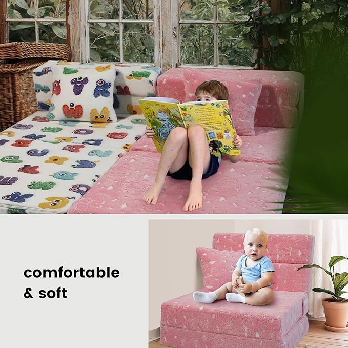 MeMoreCool Glow Pink Unicorn Tri-fold Sofa Bed for Kids, Foldable Futon Chair and Floor Couch, Convertible Trifold Mattress for Playroom