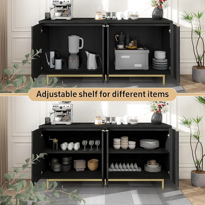 MUUEGM Sideboard Buffet Cabinet with Storage, 58" Large Kitchen Storage Cabinet with Shelves and 4 Fluted Doors, Modern Console Table for Kitchen, Dining Room, Hallway(Black)