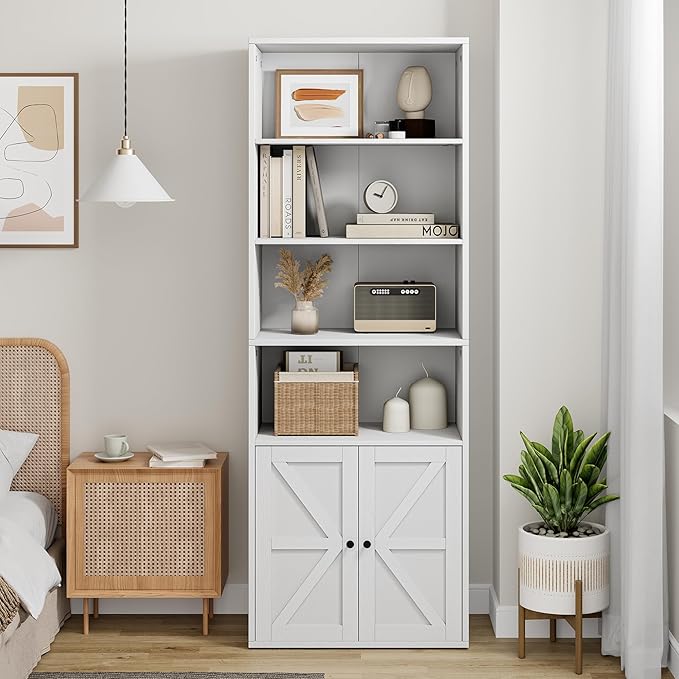 CABIHOME Farmhouse Bookcase with Doors 71.4in Tall Bookshelf 11.8in Depth Display Storage Shelves Industrial Bookcases Wooden 6 Shelf Bookshelves for Bedroom, Living Room, Home Office