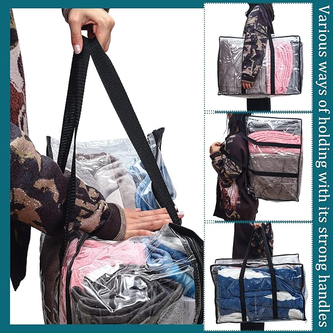 8 Pcs Clear Zippered Storage Bags Closet Organizer Vinyl Bag with Reinforced Handle Clothes Storage Organizer Transparent Moving Bags Totes for Bedding Linen. (60 L, 23.6x16.5x9.5 In, Clear, Black)
