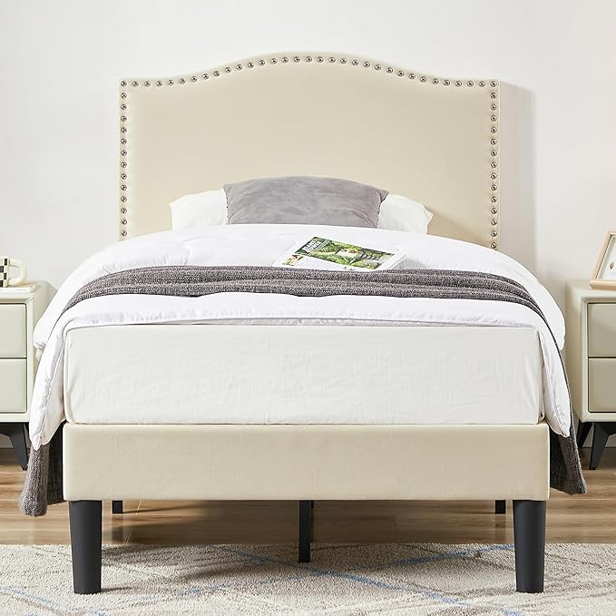 VECELO Twin Bed Frame, Platform Bed Frame with Adjustable Height Upholstered Headboard, Heavy-Duty Frame and Strong Wooden Slats Support, Non-Slip and Noise-Free, Easy Assembly, Beige