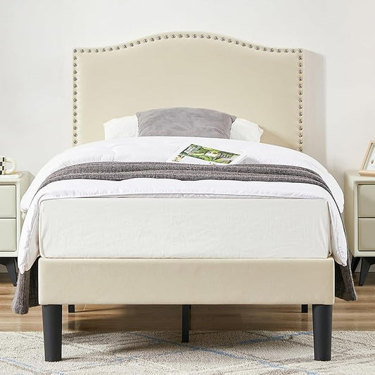VECELO Twin Bed Frame, Platform Bed Frame with Adjustable Height Upholstered Headboard, Heavy-Duty Frame and Strong Wooden Slats Support, Non-Slip and Noise-Free, Easy Assembly, Beige