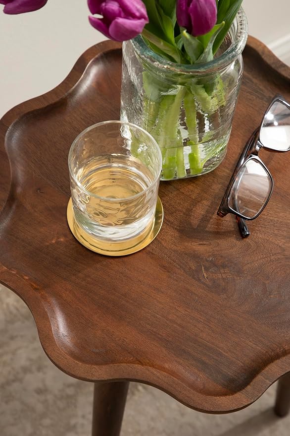 Kate and Laurel Alezar Modern Wooden Round Side Table; 15 x 15 x 22; Walnut Brown; Mid-Century Solid Wood End Table with Wavy Edge for Bedroom Nightstand or Living Room Accent Table