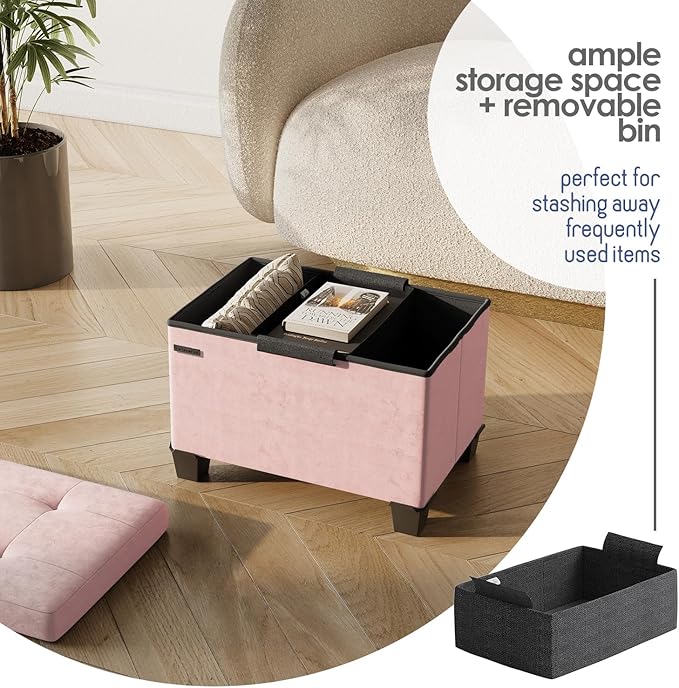 Storage Ottoman Cube with Small Bin, 16-in Square Ottoman with Storage for Living Room and Bedroom, Small Ottomans Foot Rest, Velvet Foot Stools Ottomans Max 330lbs, Pink