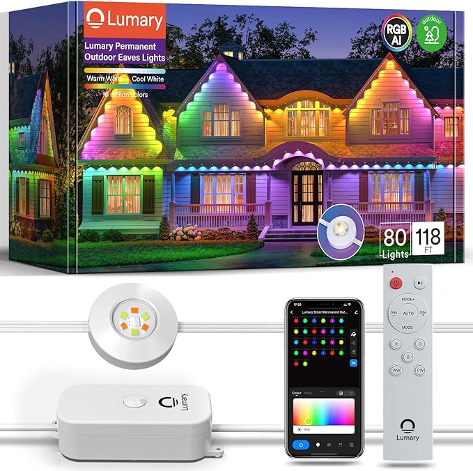 Lumary Permanent Outdoor Lights Pro 105ft with 80LED RGBAICW Smart Eave Light for Chirstmas, Work with Alexa Google IP67 Waterproof, Color Changing & White, Multi Scene for Daily Accent Lighting Decor
