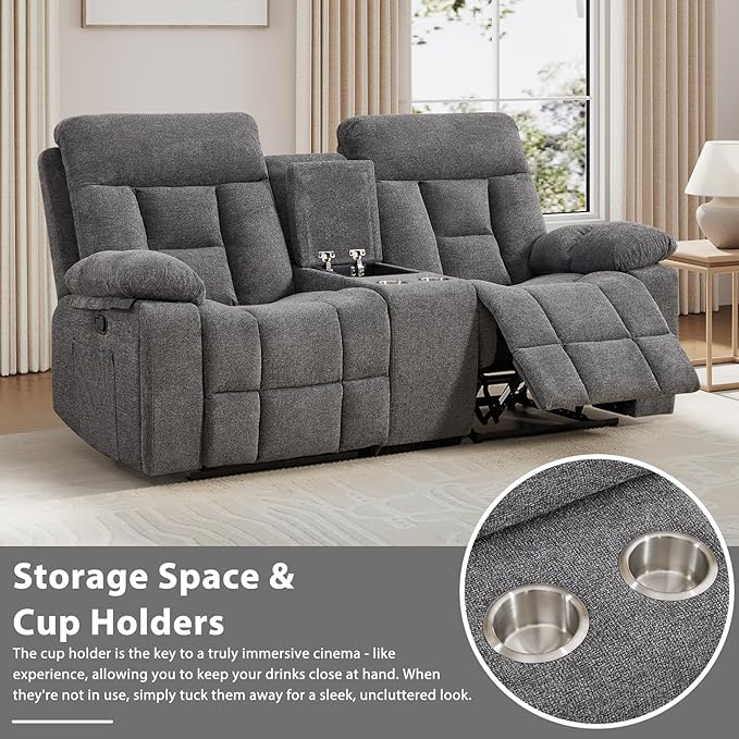 EBELLO Loveseat Recliner Sofa for Living Room, Extra Wide Modern Overstuffed 2 Seat Reclining Manual Sofa Chair, with Hidden Armrest Cup Holders, Breathable Fabric, Light Grey