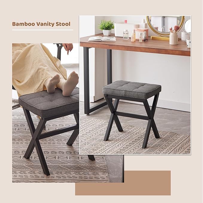 FILWH Foot Stool Small Ottoman Foot Rest Padded Foot Stool Desk for Under Office Desk Vanity Stool Bamboo Footstool Sofa Footrest Shoe Stool Small Foot Stools (Black Legs + Gray)