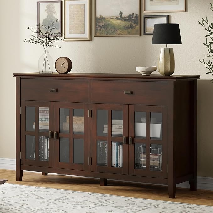 SIMPLIHOME Artisan Buffet - 60 inch Wide Solid Wood 4-Door Sideboard Buffet in Russet Brown, Transitional Storage Cabinet for Dining Room or Kitchen with Adjustable Shelves and Square Knobs