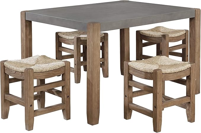 Alaterre Furniture Newport Kitchen Table Collection – Rustic Industrial 6-Piece Dining Set – Includes Kitchen Table with Faux Concrete Top, 4 Rush-Seat Stools & Side Buffet Console for Small Spaces