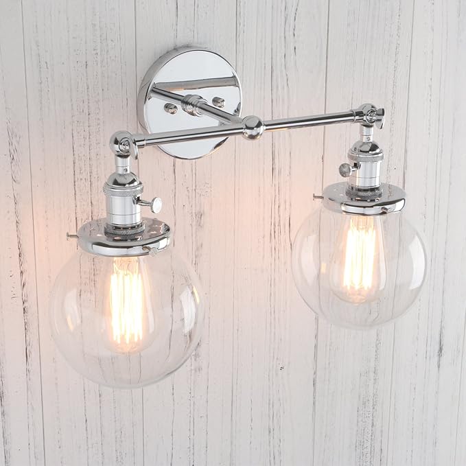 PERMO Double Sconce Vintage Industrial Antique 2-Lights Wall Sconces with Dual Mini 5.9" Round Clear Glass Globe Shade (Chrome)