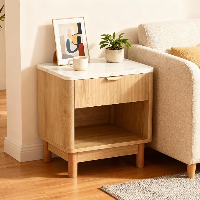 Fluted Dresser with Drawer, Modern Side Table with Faux Marble Top, Natural