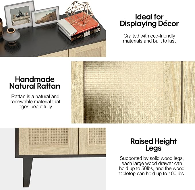 Panana Buffet Storage Cabinet with Rattan Decorating 4 Doors Living Room Kitchen Sideboard 48.43 x 34.65 x 15 inch (Black)