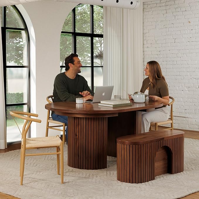 Transformer Table - Solid Wood Extendable Round Dining Table Set, Expandable Dining Table, Elegant and Functional Design, Perfect for Dining Room, Royal Brown (Table + Bench + Sideboard)