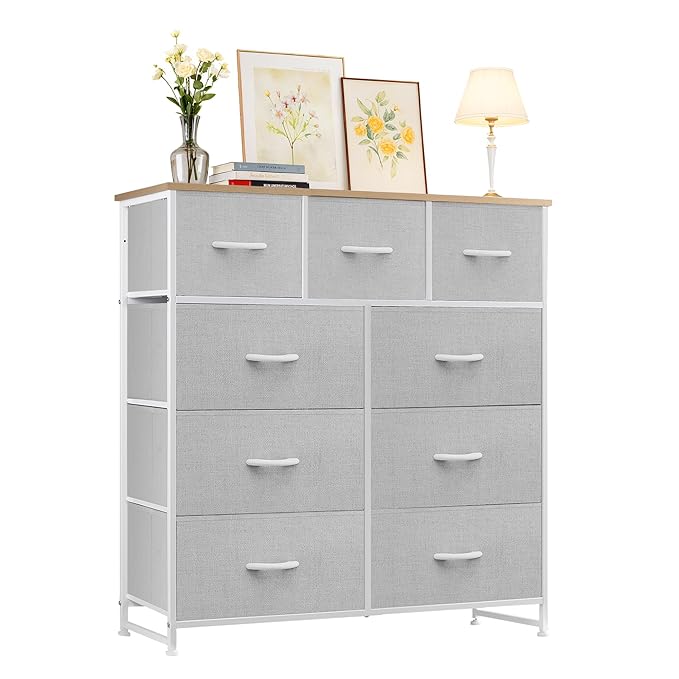 Dresser with 9 Drawers for Bedroom, Fabric Clothes Cabinet for Closet, Anti-Tip Storage Dresser with Metal Frame for Living Room, Entryway, Dorm, Light Grey