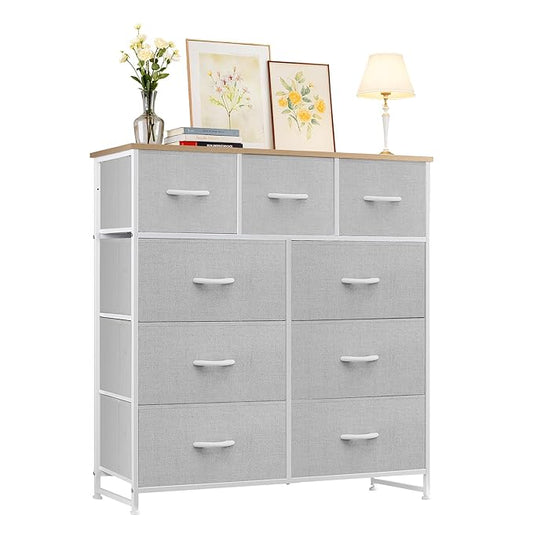 Dresser with 9 Drawers for Bedroom, Fabric Clothes Cabinet for Closet, Anti-Tip Storage Dresser with Metal Frame for Living Room, Entryway, Dorm, Light Grey
