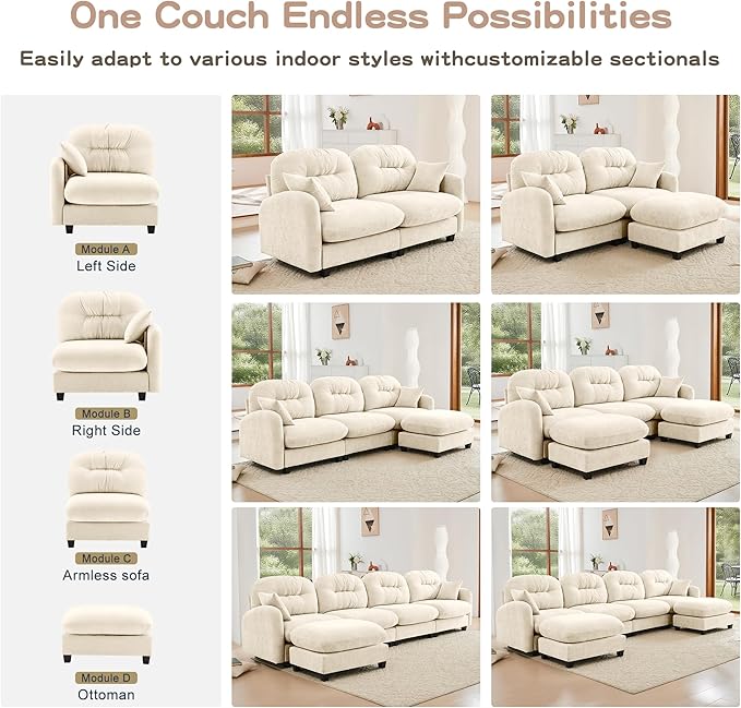 KEIKI 107" U-Shaped Oversized Chenille Modular Sectional Sofa with 2 Ottoman, High-Density Foam Cushions, Tufted Pleated Cushion Backrest, Modern 3-Seater Couch with 2 Pillow, for Living Room, Beige