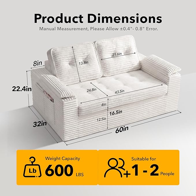 Boneless Loveseat, 2 Seater Deep Seat Loveseat Sofa with Wide‑Wale Corduroy for Small Spaces & Living Room, 60” Width, No Assembly, Washable Cover, Beige