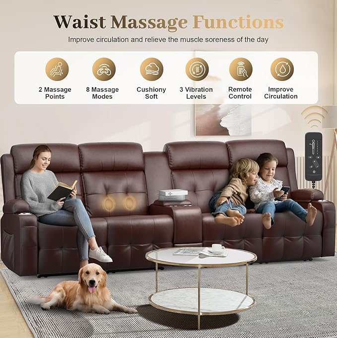 Recliner Sofa, Massage Reclining Sofa 4 Seater Sets Heavy Weight Capacity, RV Loveseat Couch Clearance with Console, USB, Type C Port, Storage, Cup Holders, Wall Hugger Chair for Living Room