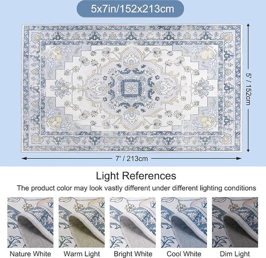 MOSISO 5x7 Area Rug for Living Room, Washable Area Rug, Non-Slip Vintage National Area Rugs, Low Pile Carpet, Faux Wool Rectangular Area Rugs Carpet for Living Room Bedroom Dining Room, Home, Blue