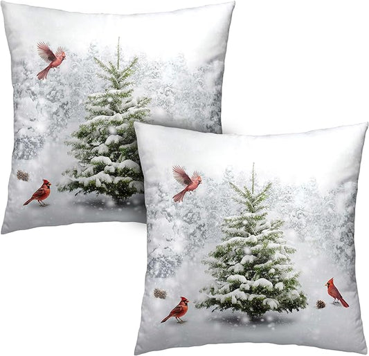 Winter Pillow Covers 16x16 Set of 2 Snowy Pine Trees Decorative Pillow Covers Natural Forest Cardinal Birds Pillow Case for Living Room Patio Couch