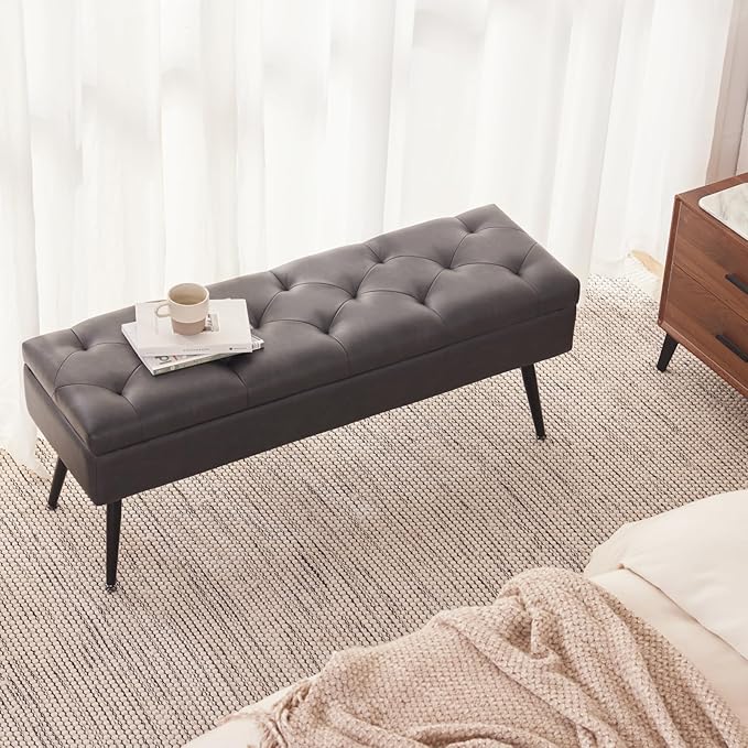CUYOCA Storage Ottoman Bench, 40" Faux Leather Tufted Entryway Bench, Long Ottoman with Storage for Living Room, Support 660lbs - Black