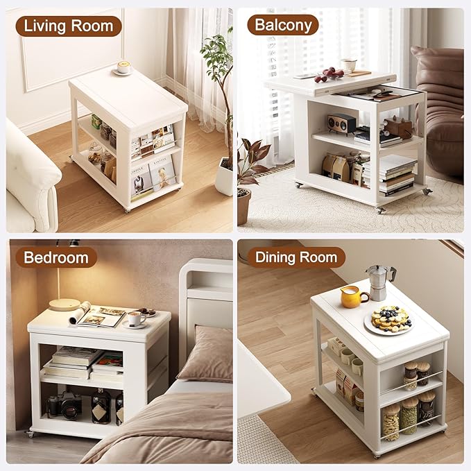 Folding Dining Table with Wheels, Solid Wood Dining Table Stylish 2-Tier Design for 2-4,White Hidden Storage for Living Room,Small Spaces, Dining Room, Kitchen